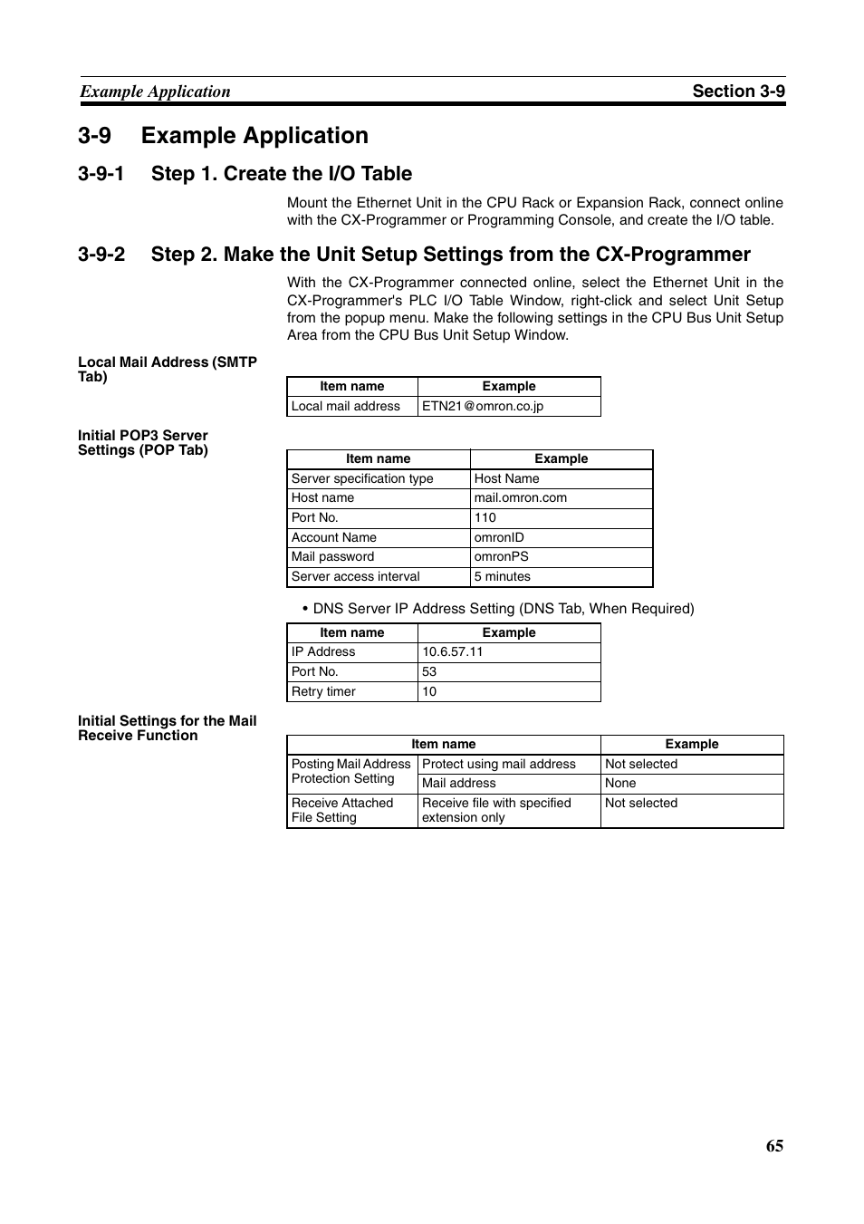 9 example application, Example application, Step 1. create the i/o table | 9-1 step 1. create the i/o table | Omron CS CJ1W-ETN21 User Manual | Page 89 / 242