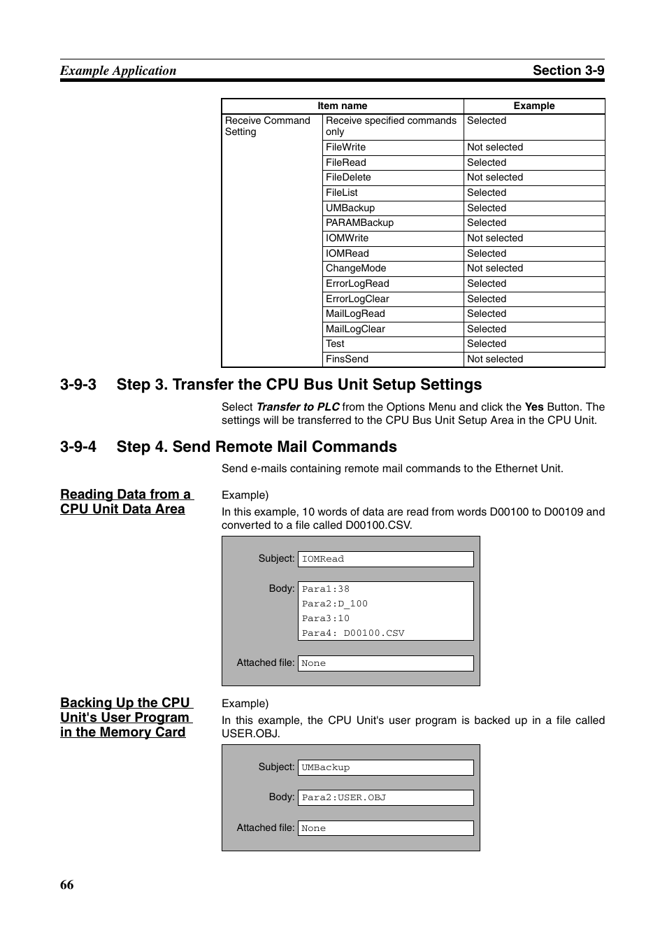 Step 3. transfer the cpu bus unit setup settings, Step 4. send remote mail commands, 9-4 step 4. send remote mail commands | Reading data from a cpu unit data area | Omron CS CJ1W-ETN21 User Manual | Page 90 / 242