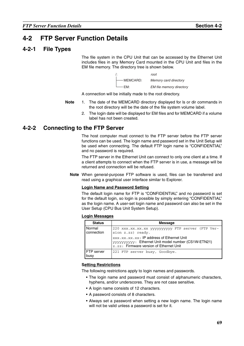 2 ftp server function details, Ftp server function details, File types | Connecting to the ftp server, 2-1 file types, 2-2 connecting to the ftp server | Omron CS CJ1W-ETN21 User Manual | Page 93 / 242