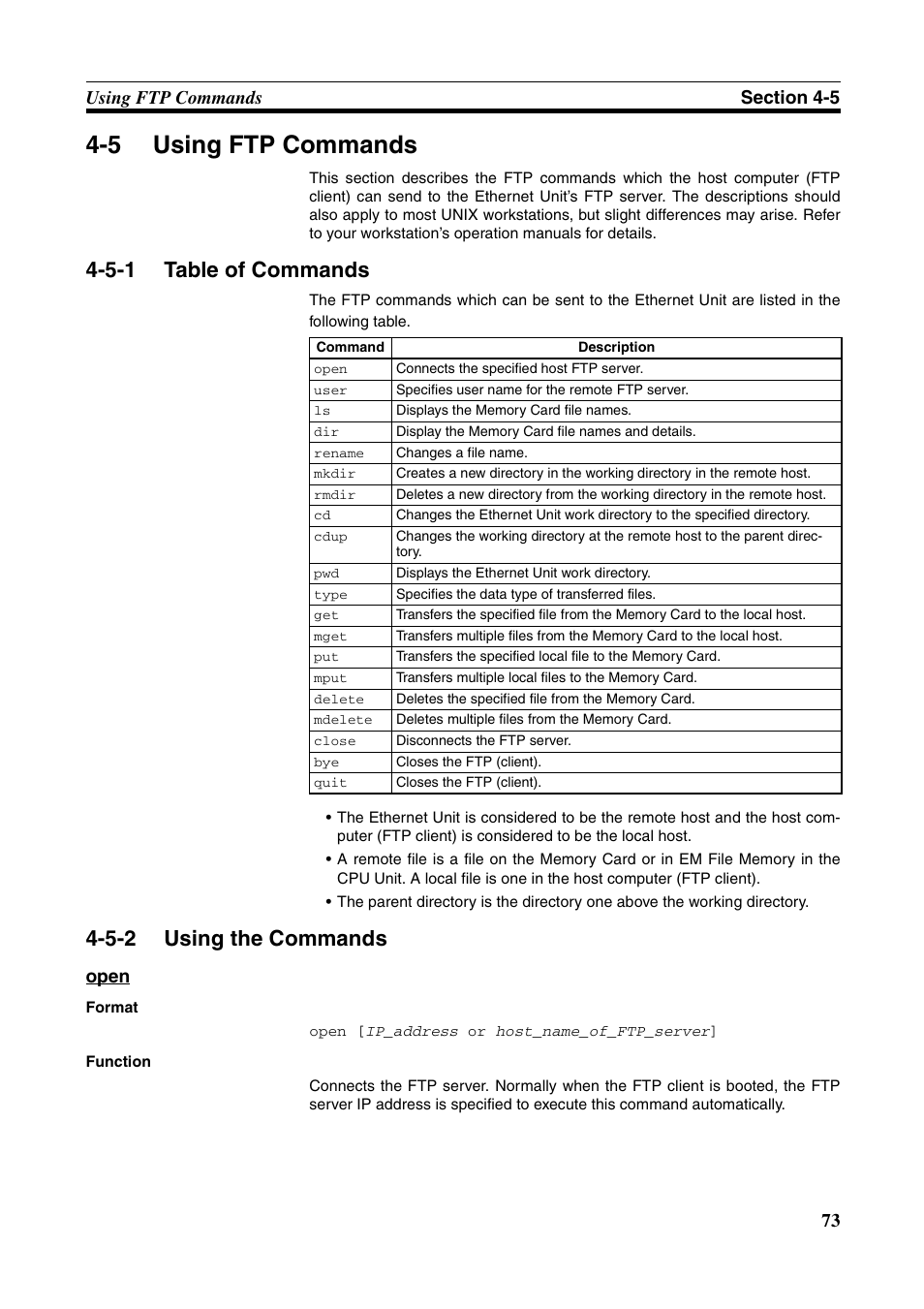 5 using ftp commands, Using ftp commands, Table of commands | Using the commands, 5-1 table of commands, 5-2 using the commands, Open | Omron CS CJ1W-ETN21 User Manual | Page 97 / 242