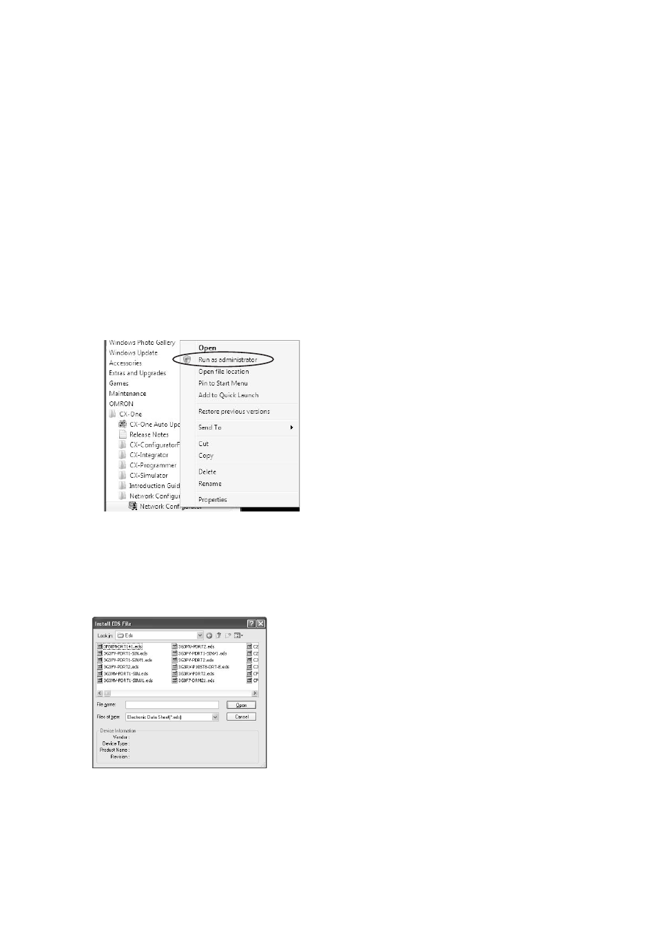 Appendix f eds file management, Eds file management, Appendix f | Installing eds files, Eds file - install | Omron SYSMAC CJ1W-EIP21 User Manual | Page 445 / 464