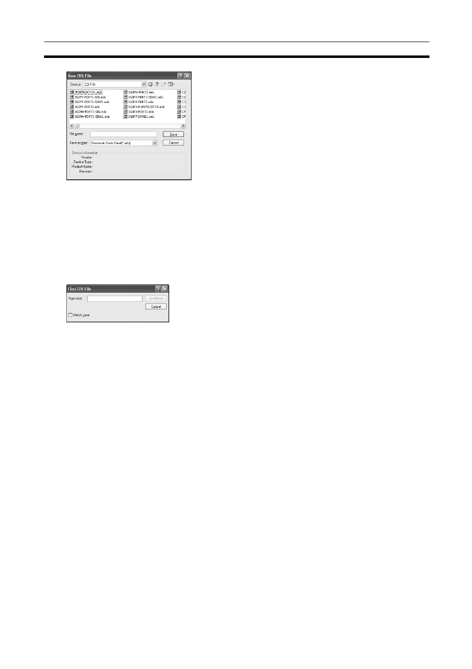 Searching eds files, Displaying eds file properties, Eds file - search | Eds file - property | Omron SYSMAC CJ1W-EIP21 User Manual | Page 447 / 464