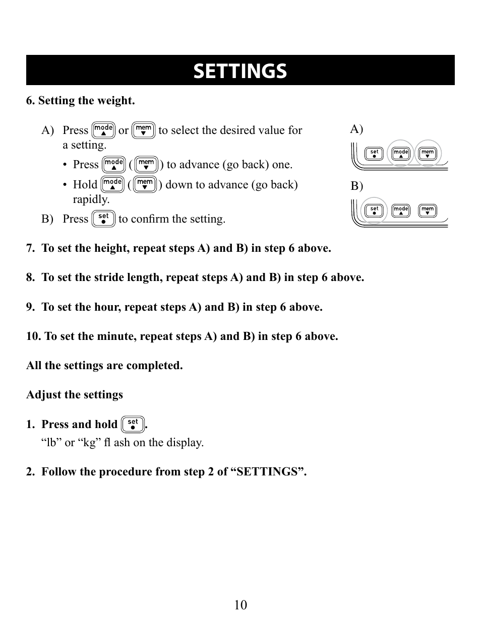 Settings | Omron Pedometer HJ-321 User Manual | Page 10 / 23