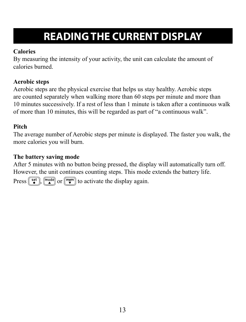 Reading the current display | Omron Pedometer HJ-321 User Manual | Page 13 / 23