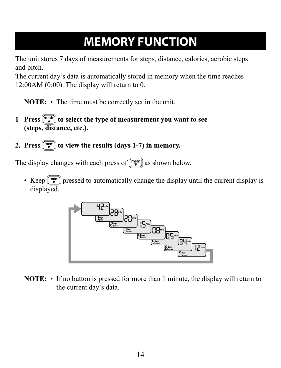 Memory function | Omron Pedometer HJ-321 User Manual | Page 14 / 23