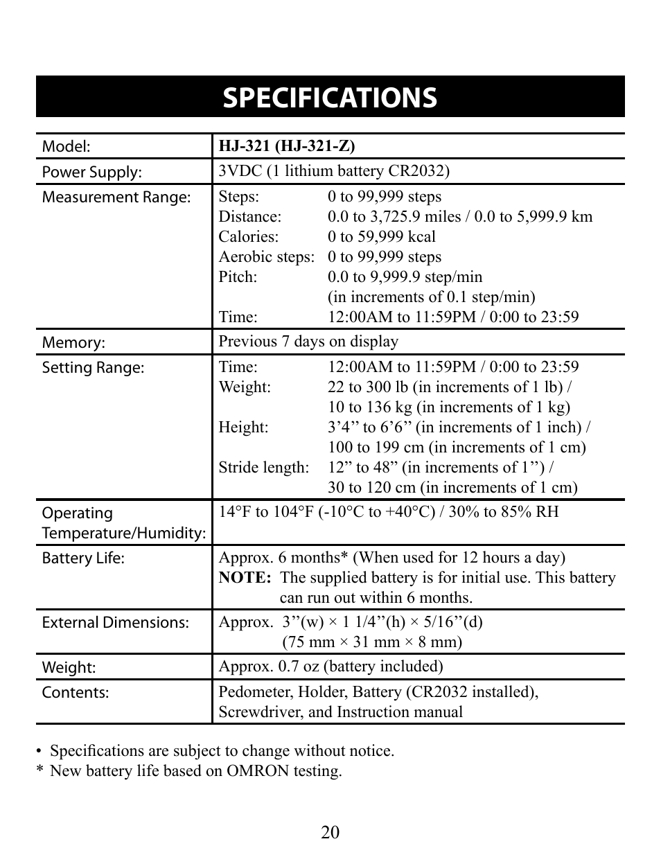 Specifications | Omron Pedometer HJ-321 User Manual | Page 20 / 23