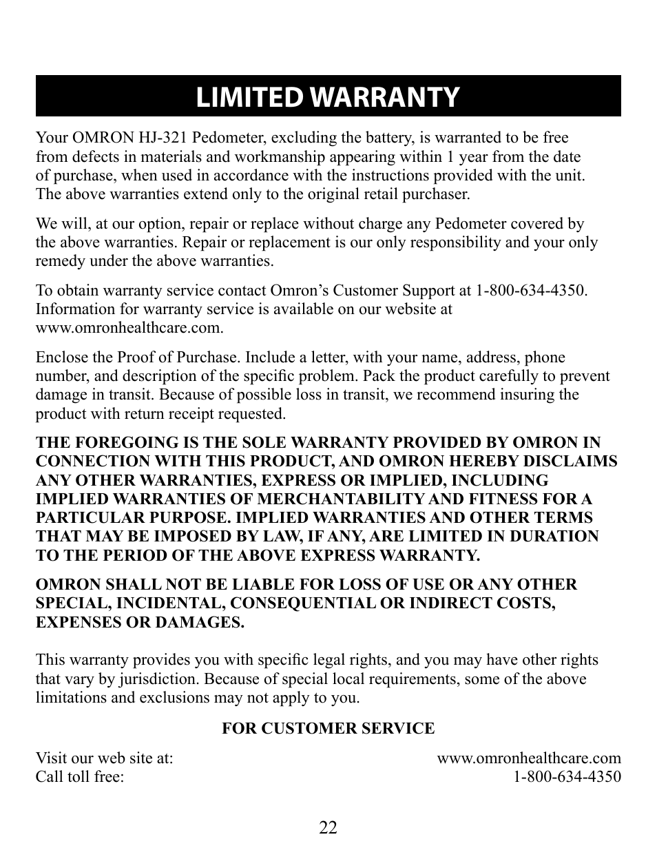 Limited warranty | Omron Pedometer HJ-321 User Manual | Page 22 / 23