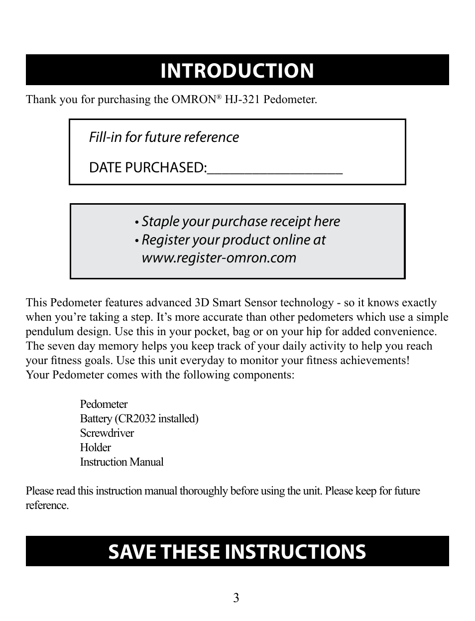 Introduction, Save these instructions | Omron Pedometer HJ-321 User Manual | Page 3 / 23