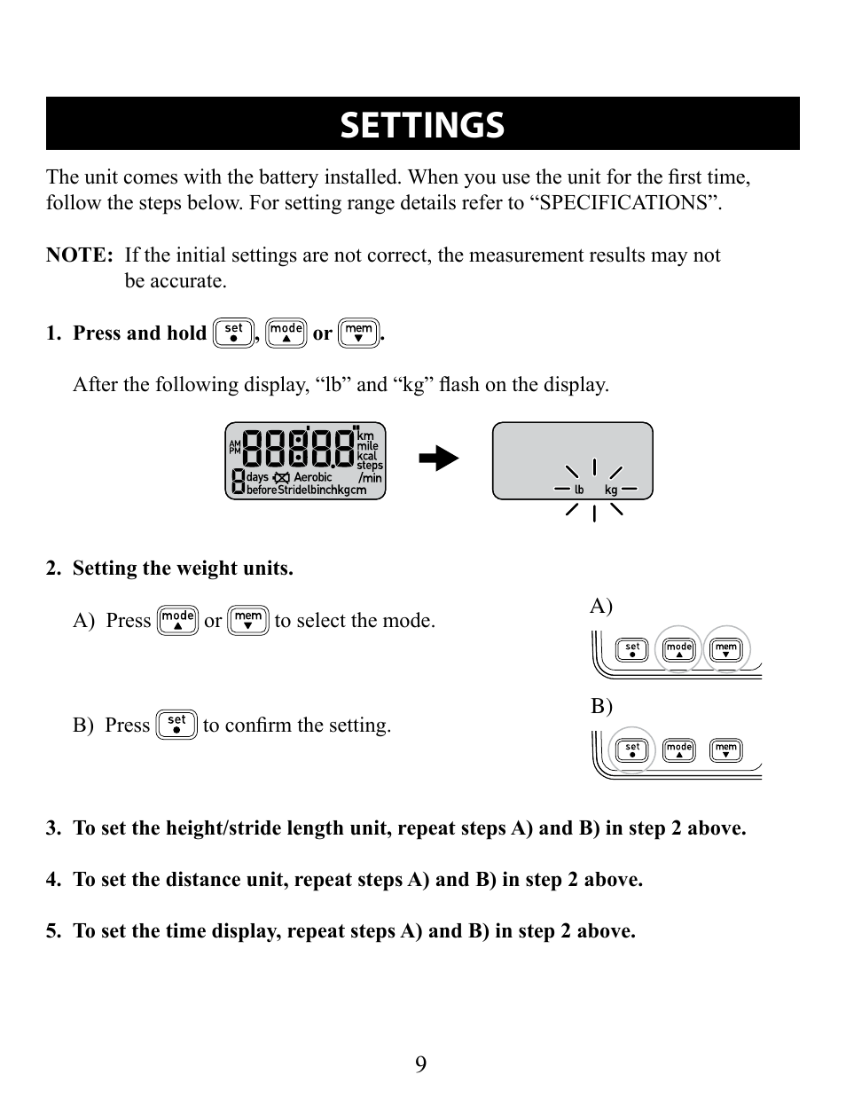 Setting, Settings | Omron Pedometer HJ-321 User Manual | Page 9 / 23
