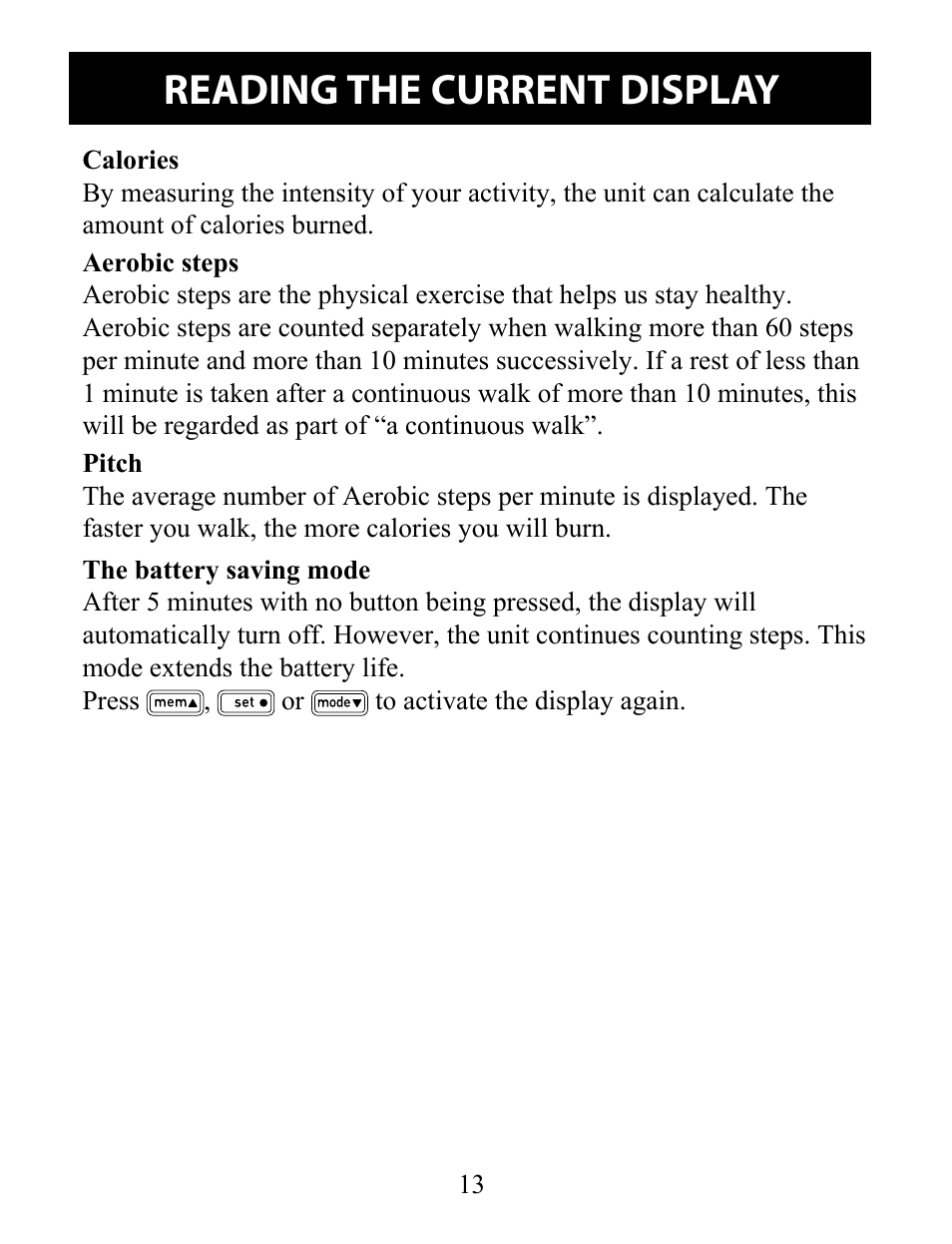 Reading the current display | Omron Pedometer HJ-324U User Manual | Page 13 / 28