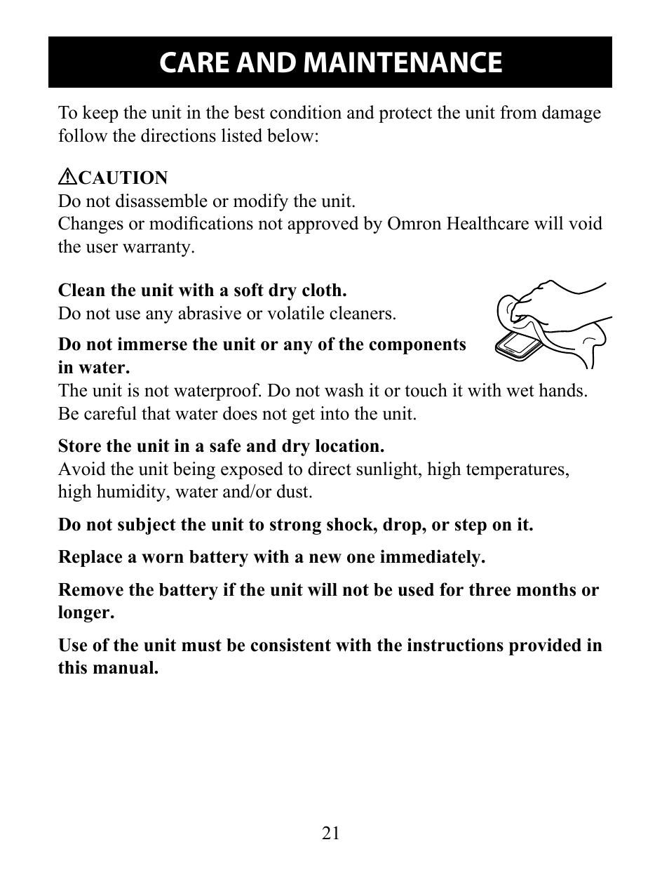 Care and maintenance | Omron Pedometer HJ-324U User Manual | Page 21 / 28