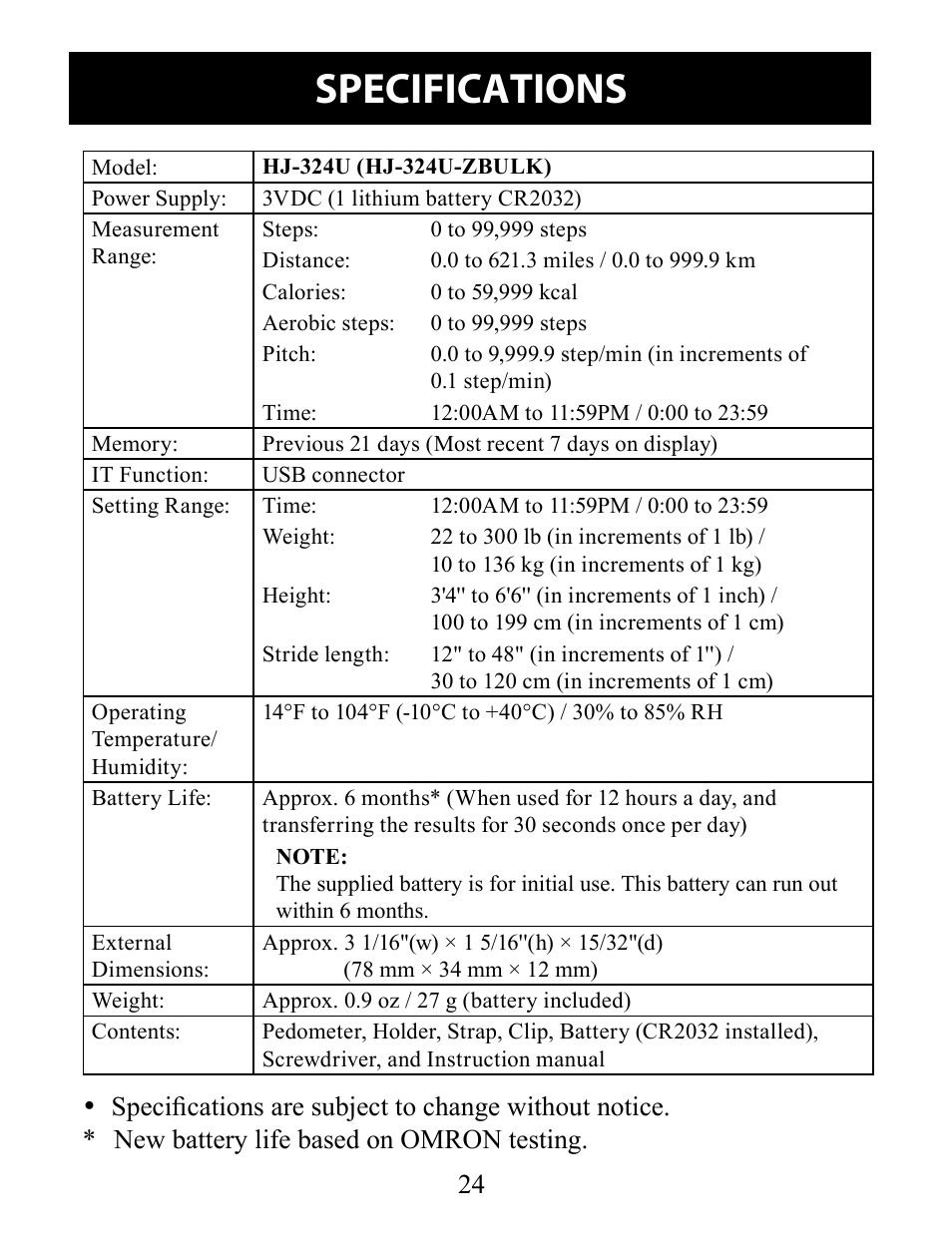 Specifications | Omron Pedometer HJ-324U User Manual | Page 24 / 28