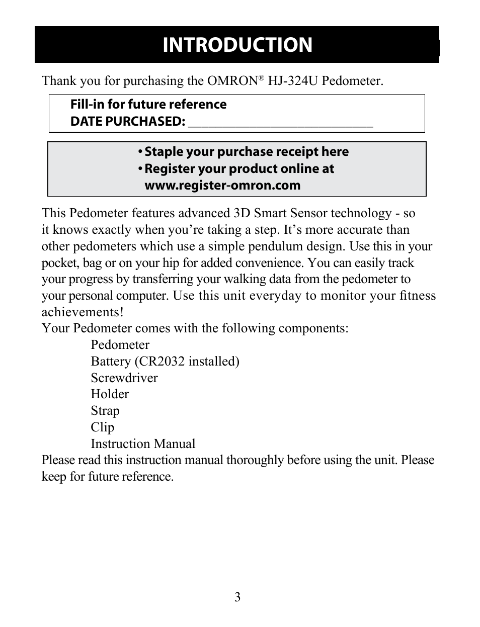 Before using the monitor, Introduction | Omron Pedometer HJ-324U User Manual | Page 3 / 28