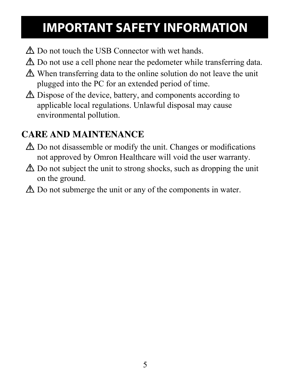 Care and maintenance, Important safety information | Omron Pedometer HJ-324U User Manual | Page 5 / 28
