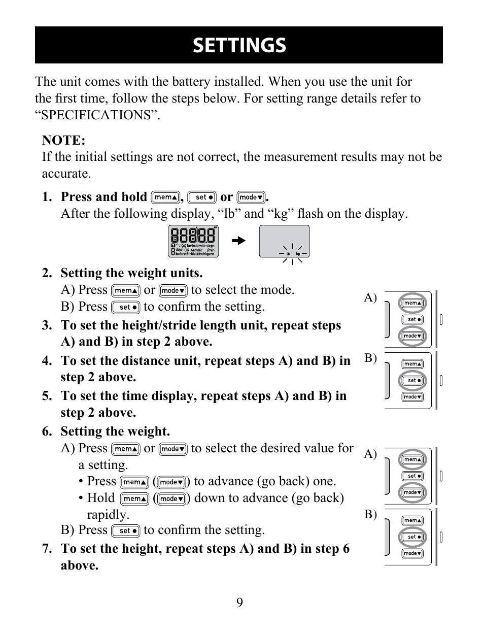 Settings | Omron Pedometer HJ-324U User Manual | Page 9 / 28