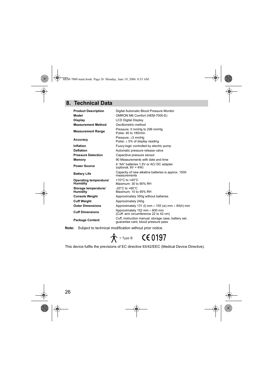 Technical data | Omron M6 Comfort User Manual | Page 26 / 30
