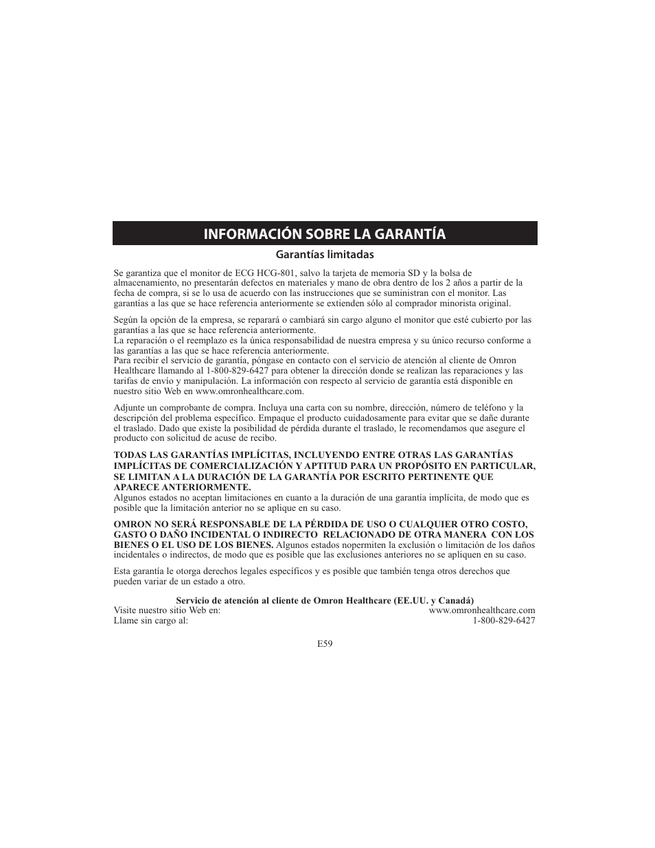 Información sobre la garantía | Omron HCG-801 User Manual | Page 123 / 128