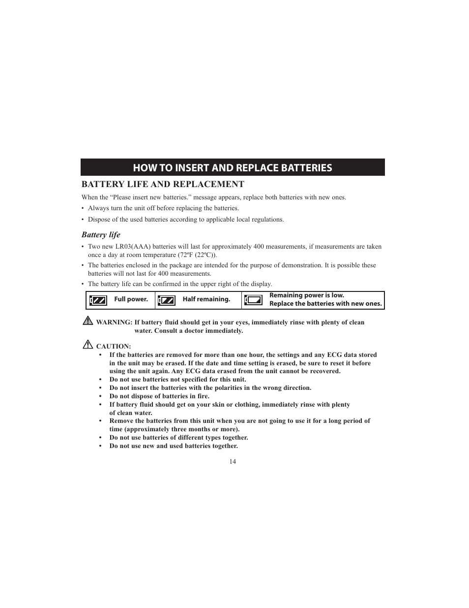 How to insert and replace batteries | Omron HCG-801 User Manual | Page 14 / 128