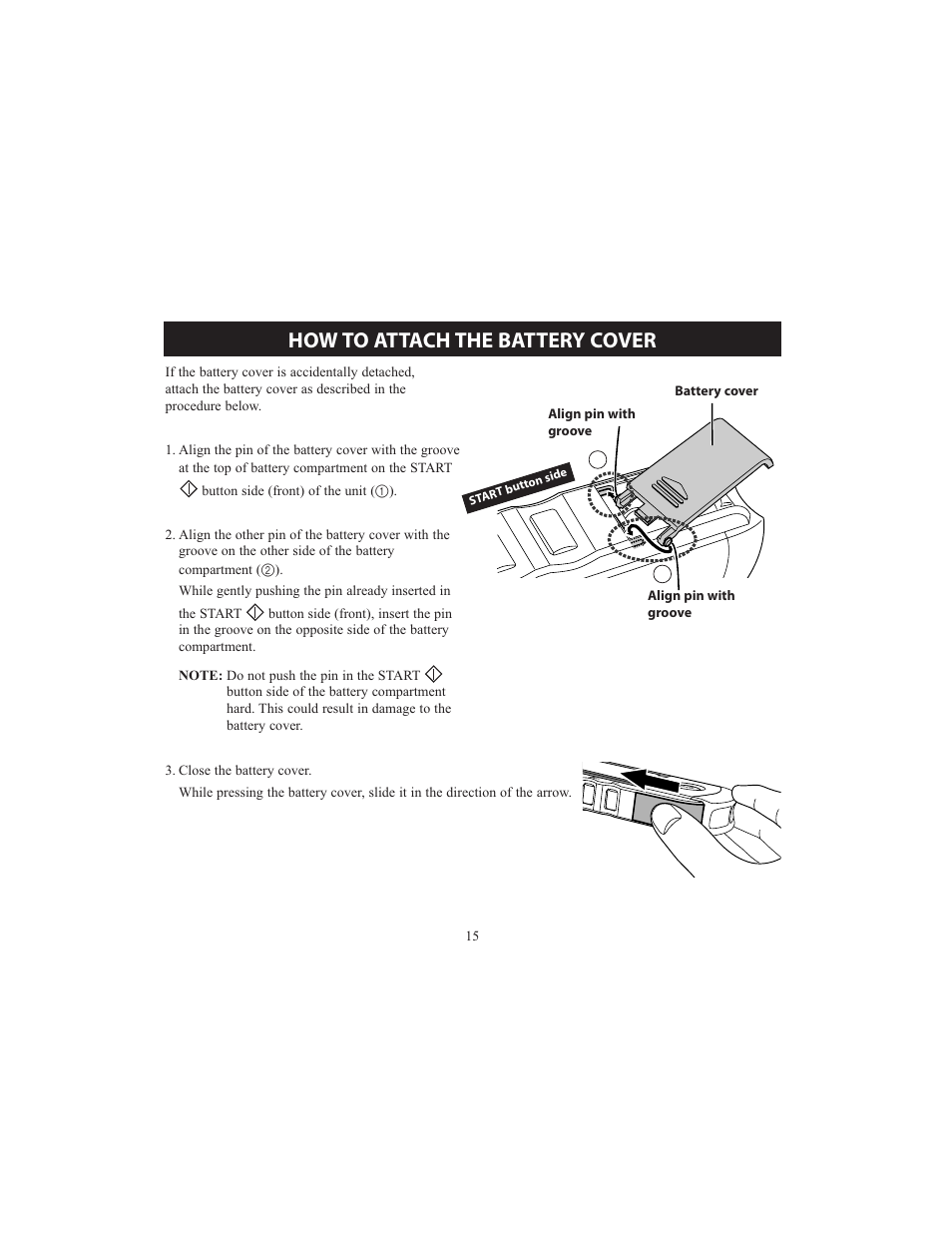 How to attach the battery cover | Omron HCG-801 User Manual | Page 15 / 128
