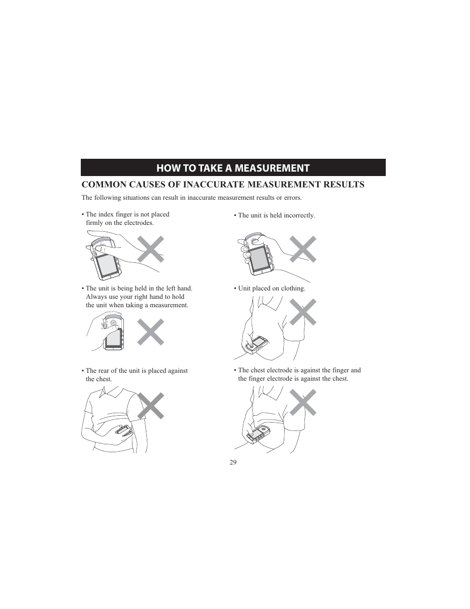 How to take a measurement, Common causes of inaccurate measurement results | Omron HCG-801 User Manual | Page 29 / 128