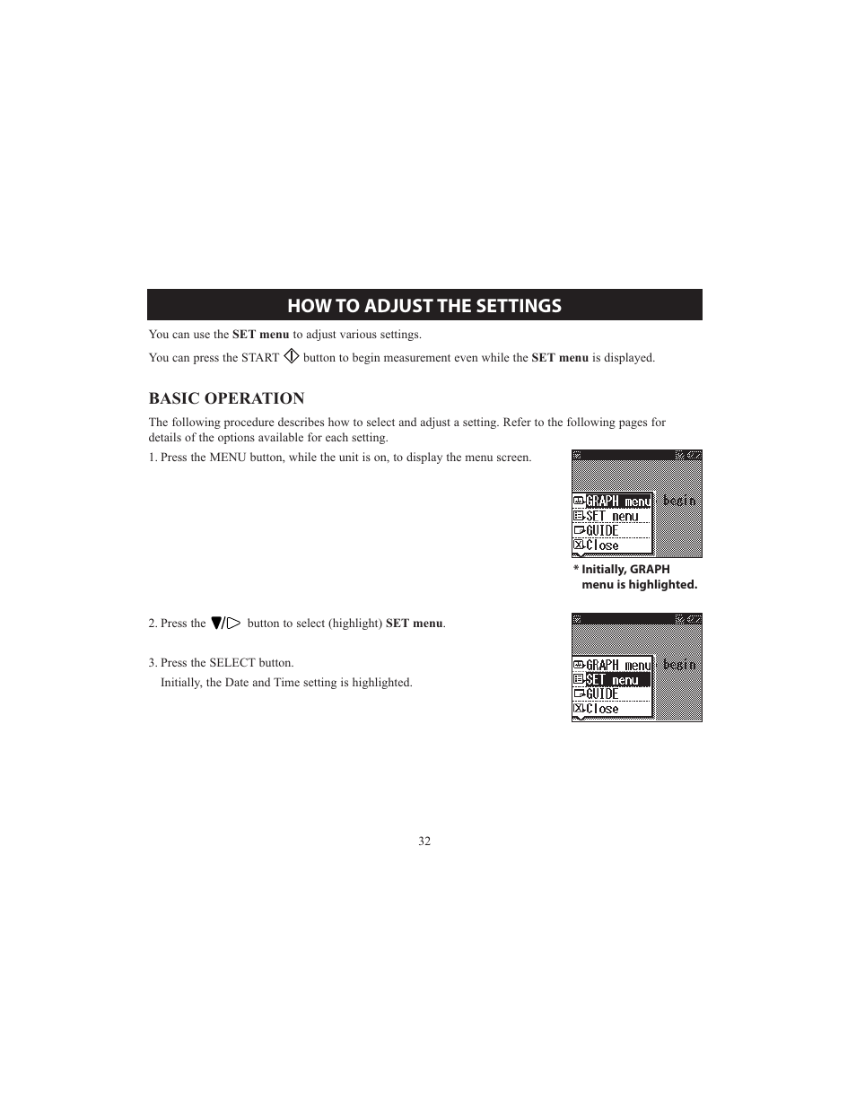 How to adjust the settings | Omron HCG-801 User Manual | Page 32 / 128