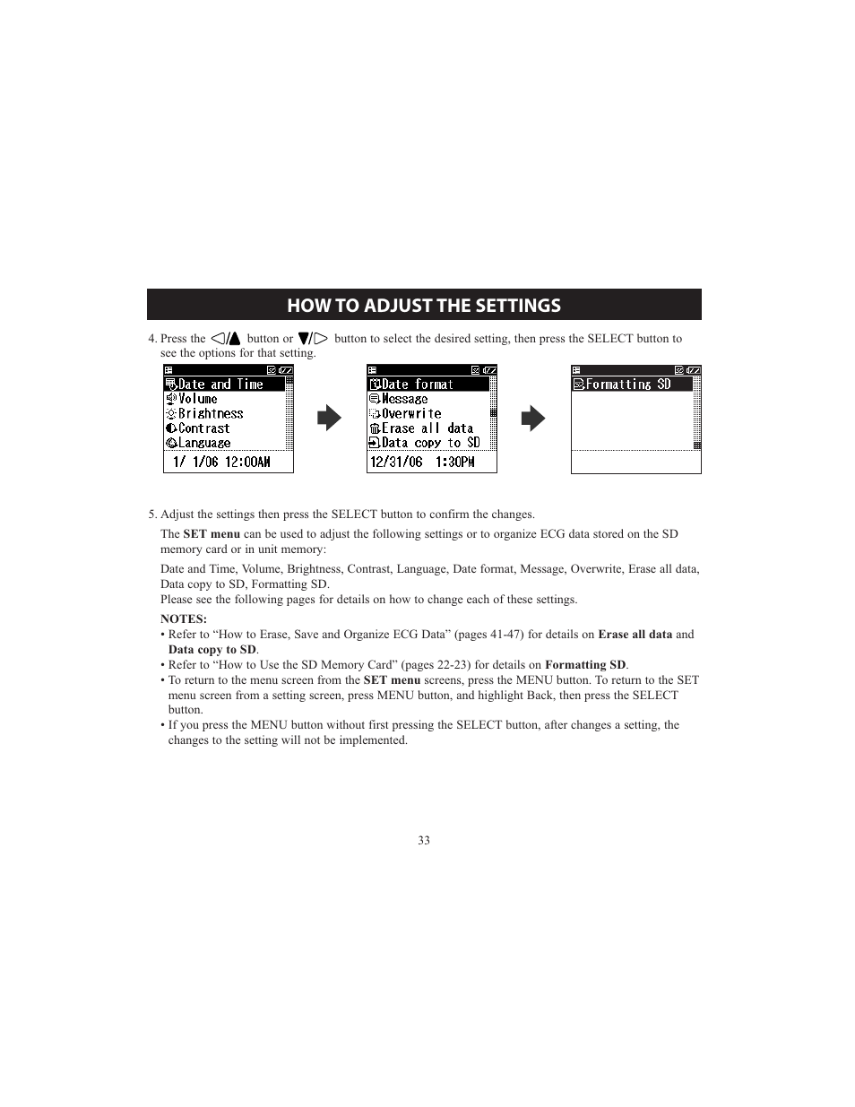 How to adjust the settings | Omron HCG-801 User Manual | Page 33 / 128