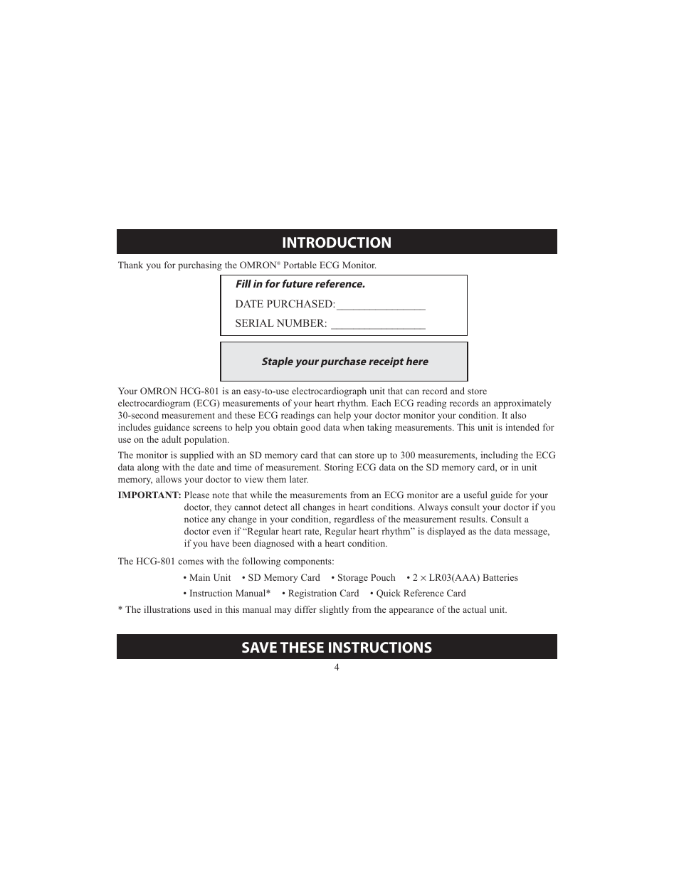 Introduction, Save these instructions | Omron HCG-801 User Manual | Page 4 / 128