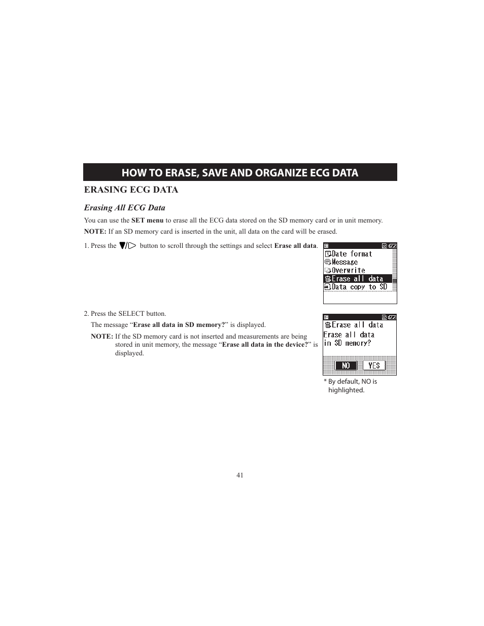 How to erase, save and organize ecg data | Omron HCG-801 User Manual | Page 41 / 128