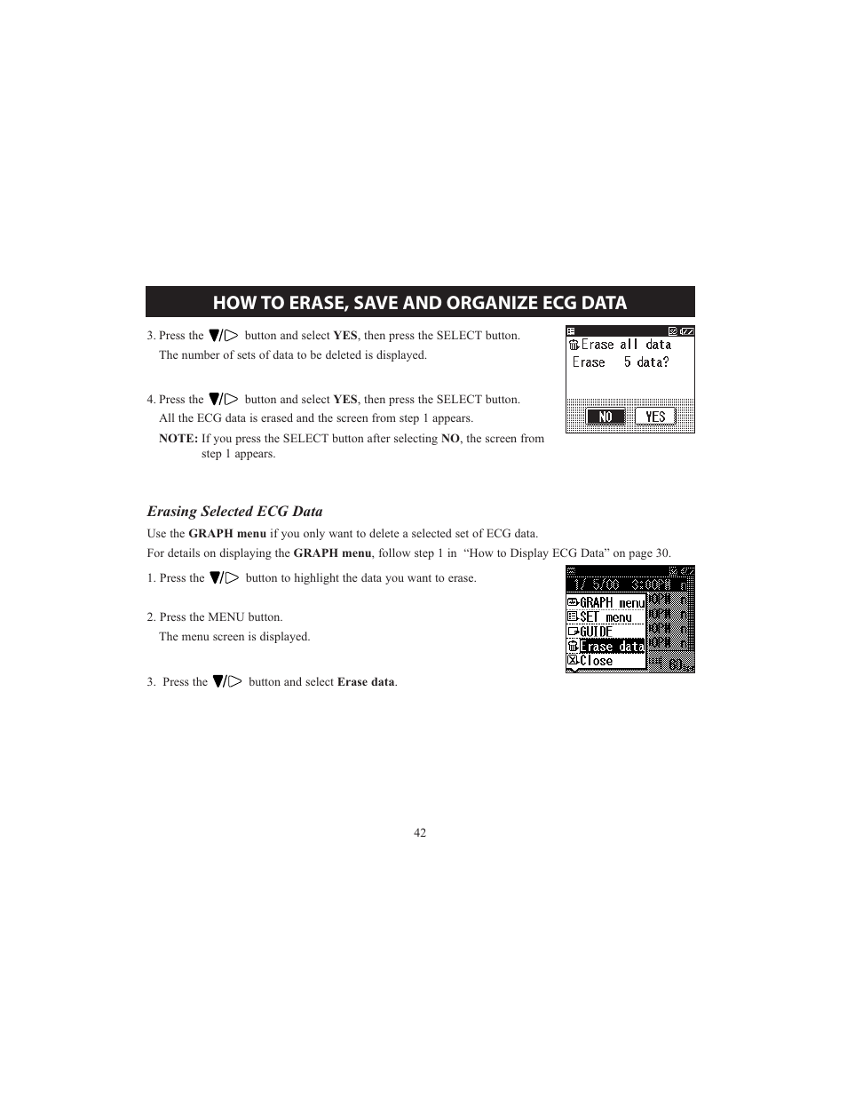 How to erase, save and organize ecg data | Omron HCG-801 User Manual | Page 42 / 128