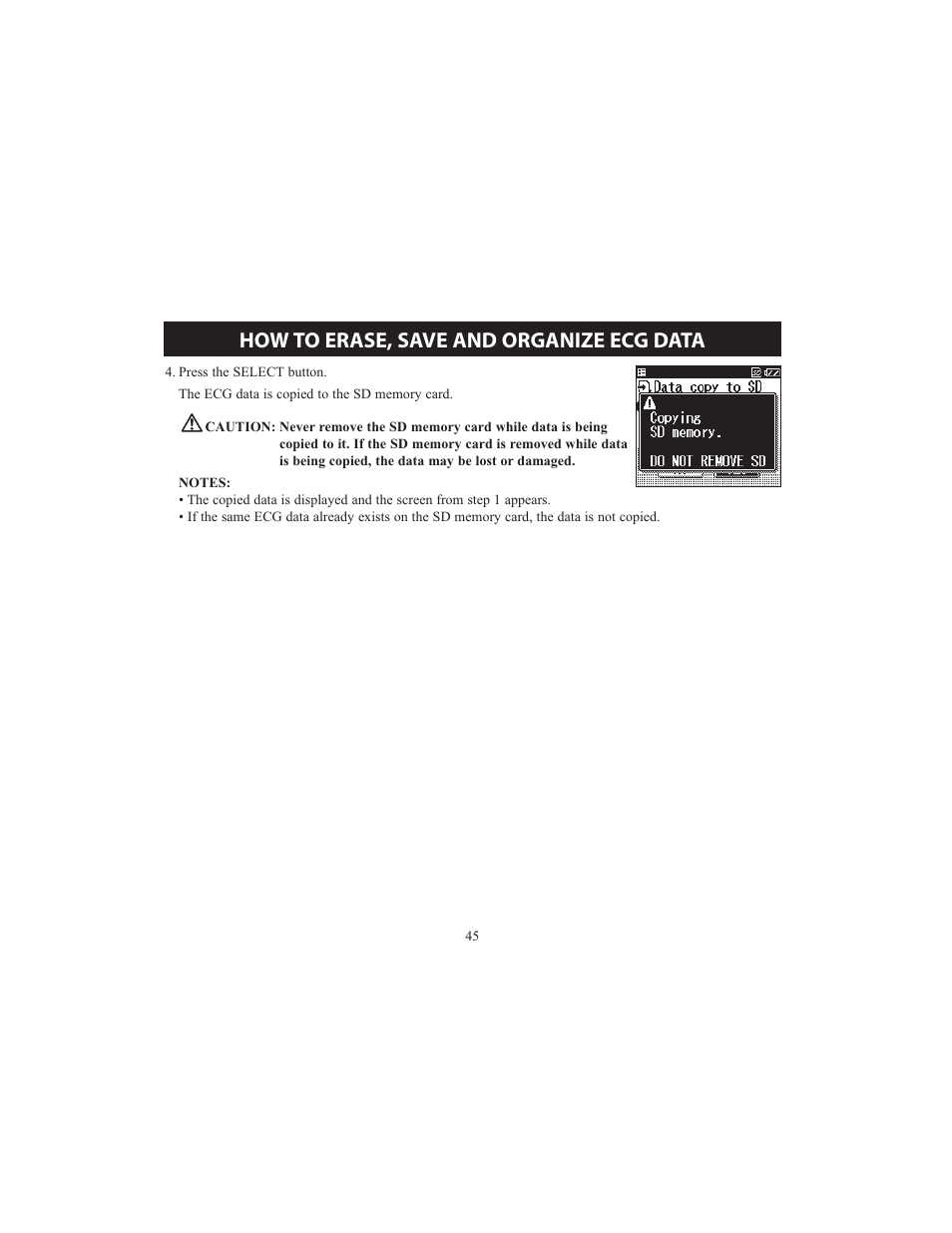 How to erase, save and organize ecg data | Omron HCG-801 User Manual | Page 45 / 128