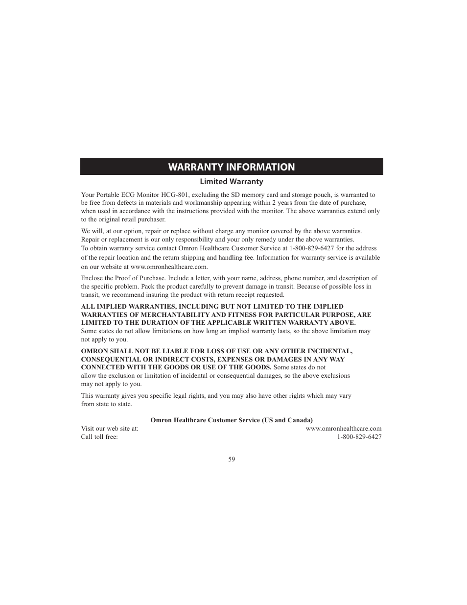 Warranty information | Omron HCG-801 User Manual | Page 59 / 128