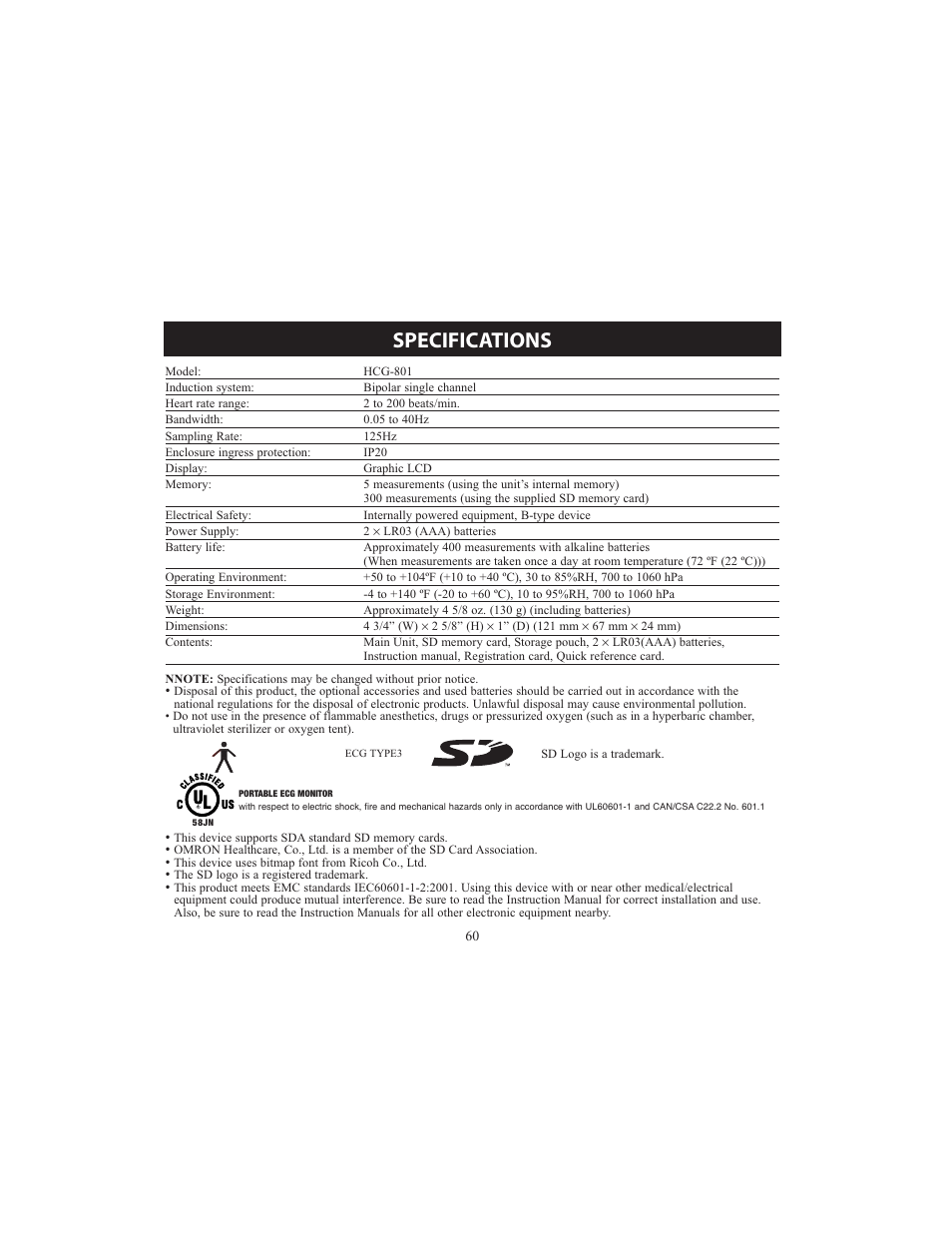 Specifications | Omron HCG-801 User Manual | Page 60 / 128