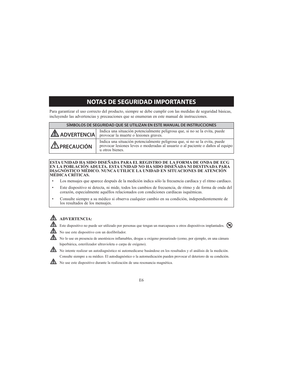 Notas de seguridad importantes, Advertencia precaución | Omron HCG-801 User Manual | Page 70 / 128