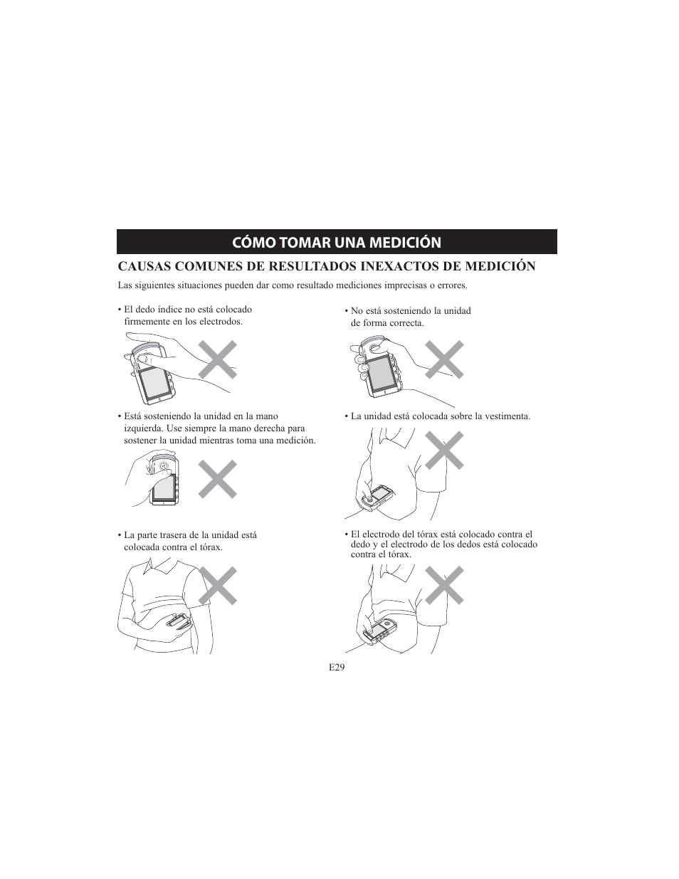Cómo tomar una medición, Causas comunes de resultados inexactos de medición | Omron HCG-801 User Manual | Page 93 / 128
