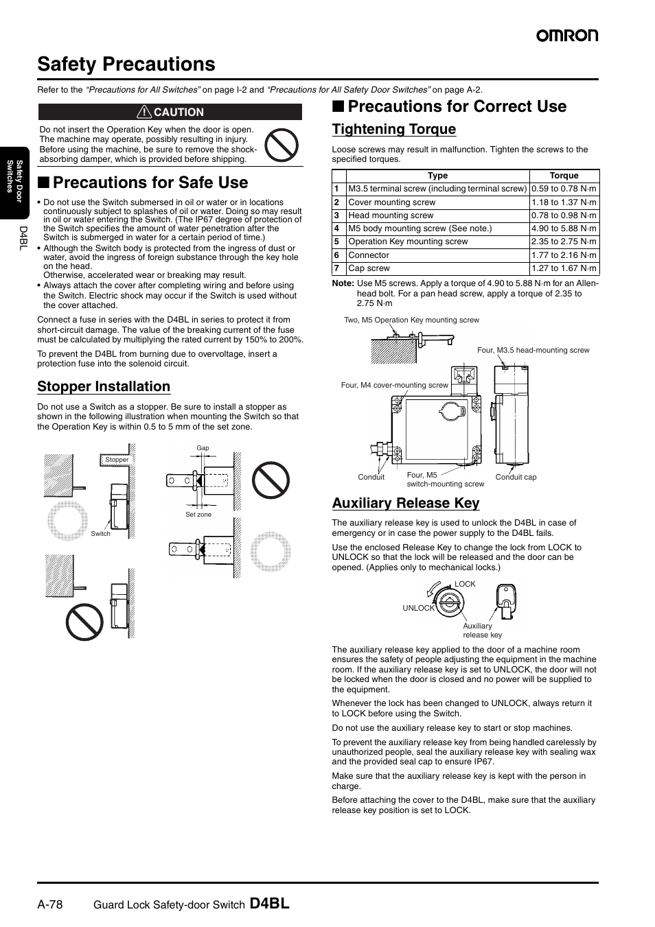 Safety precautions, Precautions for safe use, Precautions for correct use | D4bl, Stopper installation, Tightening torque, Auxiliary release key, A-78 | Omron D4BL User Manual | Page 12 / 16