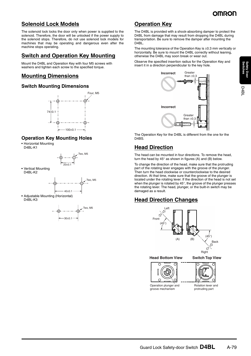 D4bl, Solenoid lock models, Switch and operation key mounting | Mounting dimensions, Operation key, Head direction, Head direction changes, A-79 | Omron D4BL User Manual | Page 13 / 16