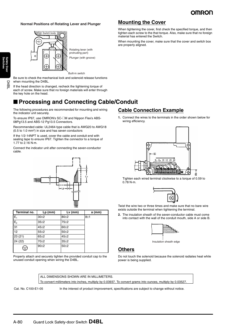 Processing and connecting cable/conduit, D4bl, Mounting the cover | Cable connection example, Others, A-80 | Omron D4BL User Manual | Page 14 / 16