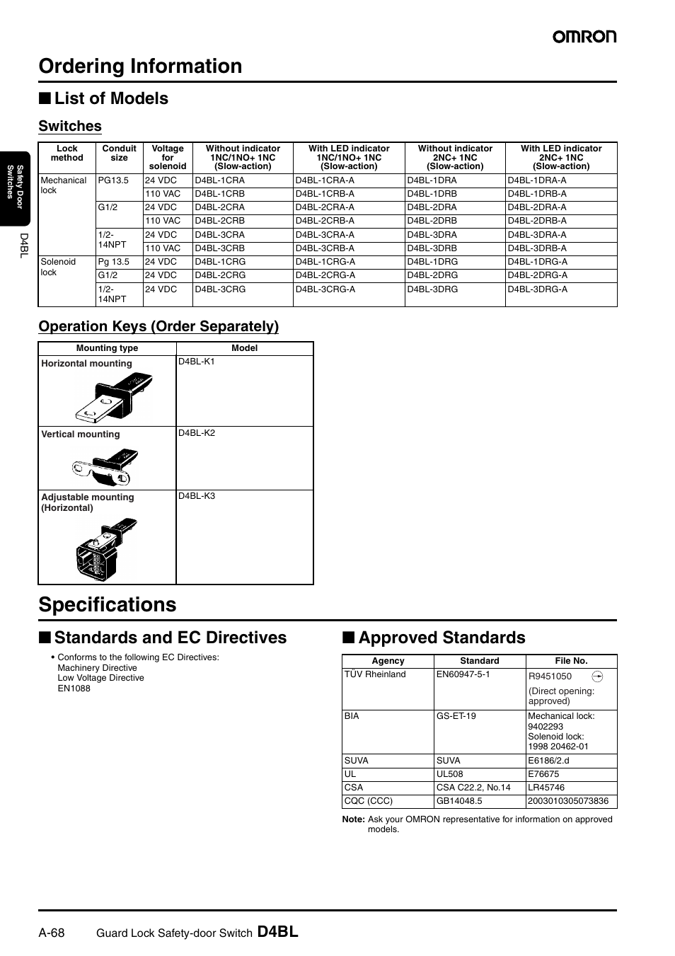 Ordering information, Specifications, List of models | Standards and ec directives, Approved standards, D4bl, Switches operation keys (order separately), A-68 | Omron D4BL User Manual | Page 2 / 16