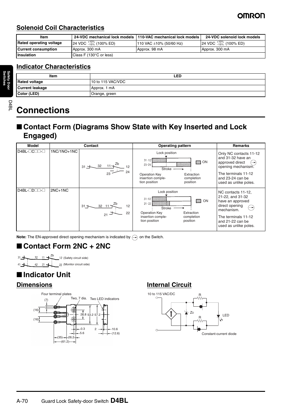 Connections, Contact form 2nc + 2nc ■ indicator unit, D4bl | Dimensions internal circuit, A-70 | Omron D4BL User Manual | Page 4 / 16