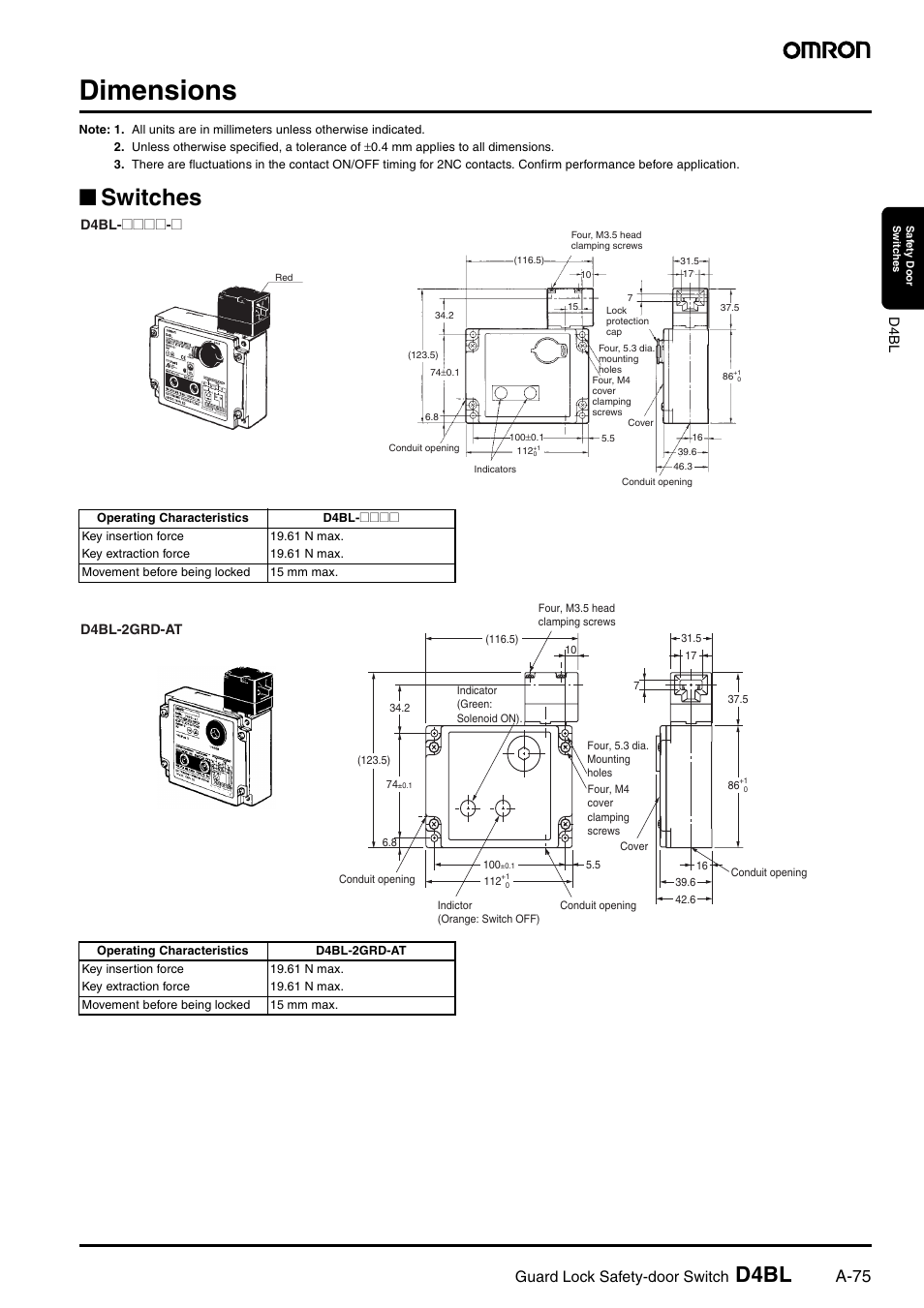 Dimensions, Switches, D4bl | A-75, Guard lock safety-door switch | Omron D4BL User Manual | Page 9 / 16