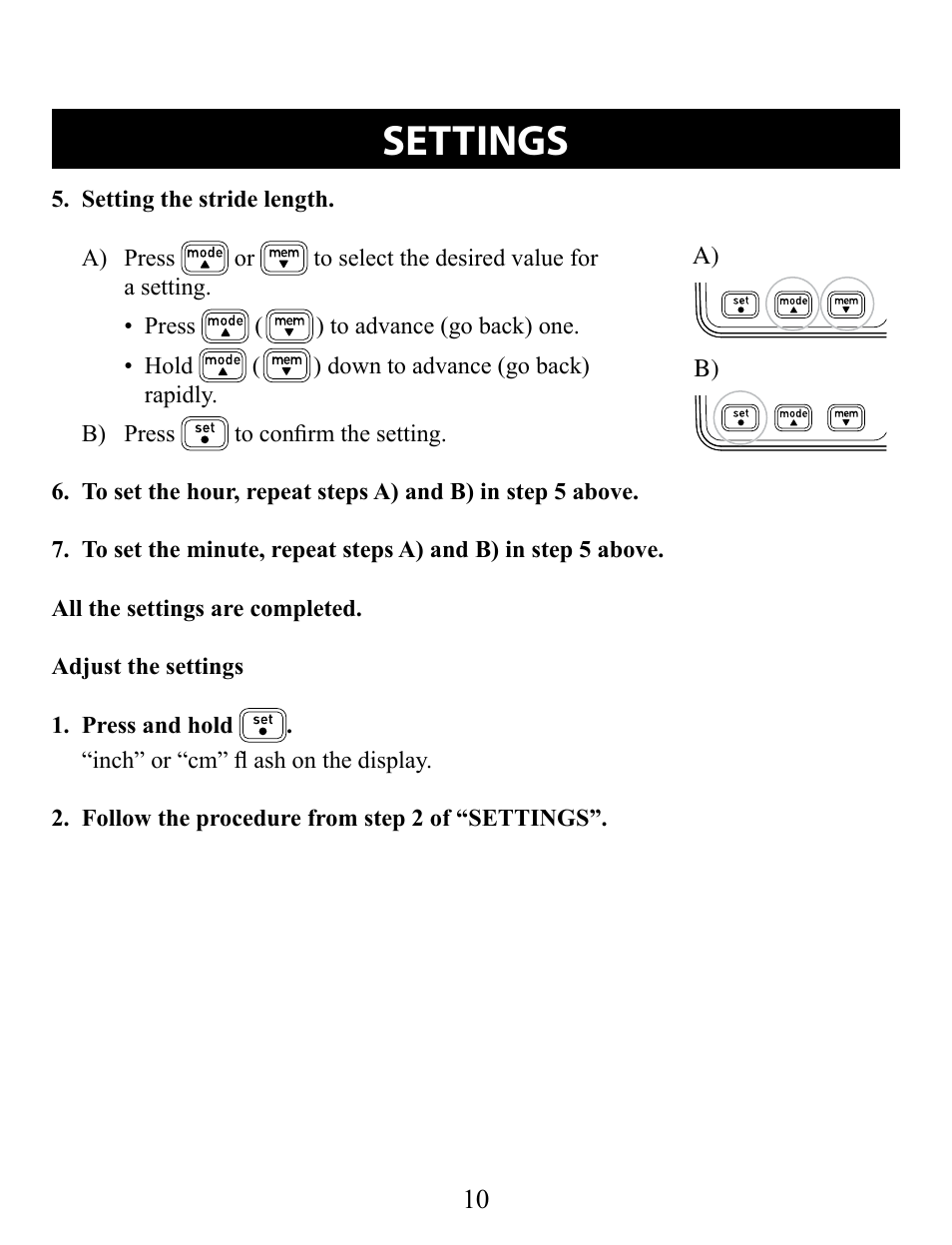 Settings | Omron Pedometer HJ-320 User Manual | Page 10 / 22
