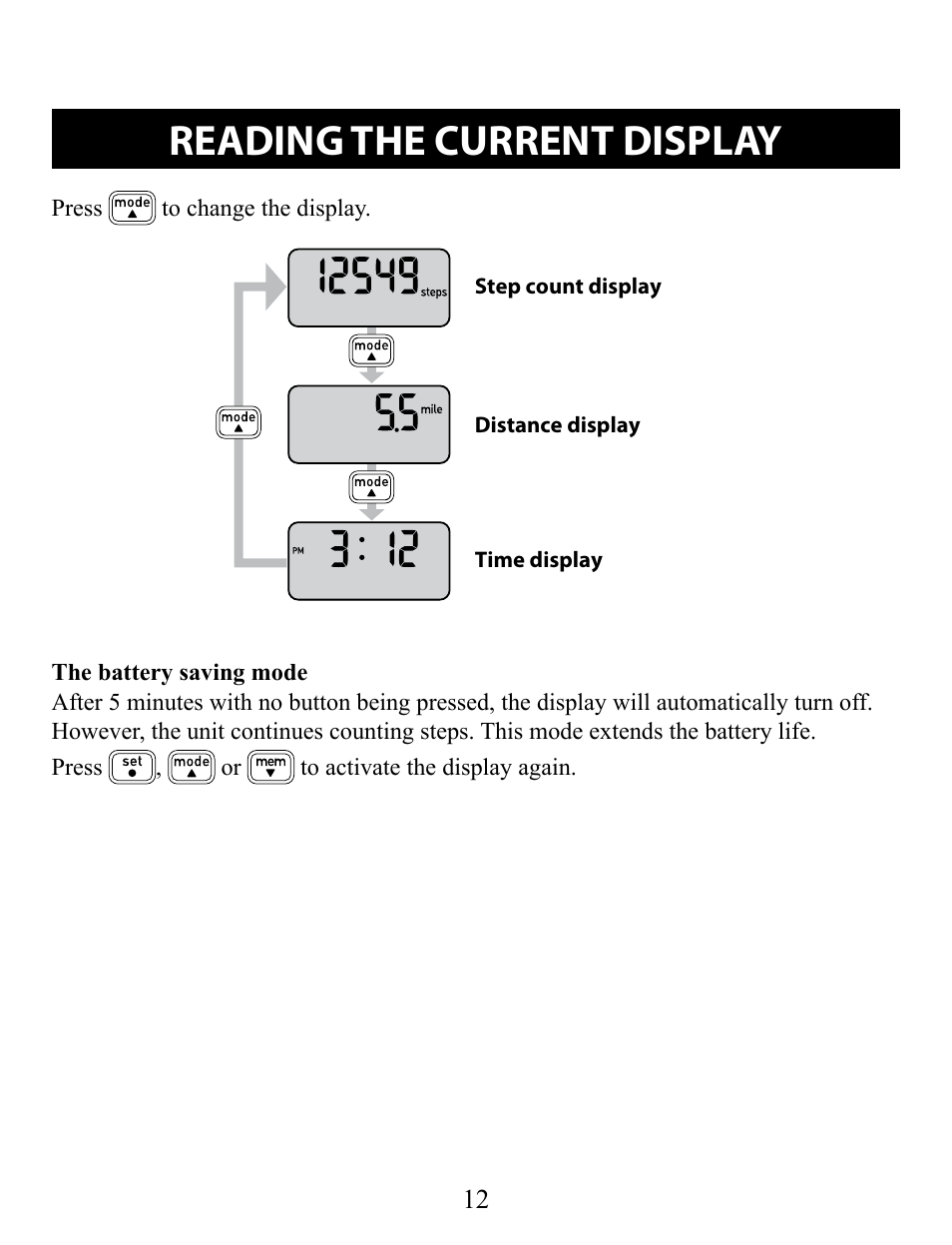 Reading the current display | Omron Pedometer HJ-320 User Manual | Page 12 / 22