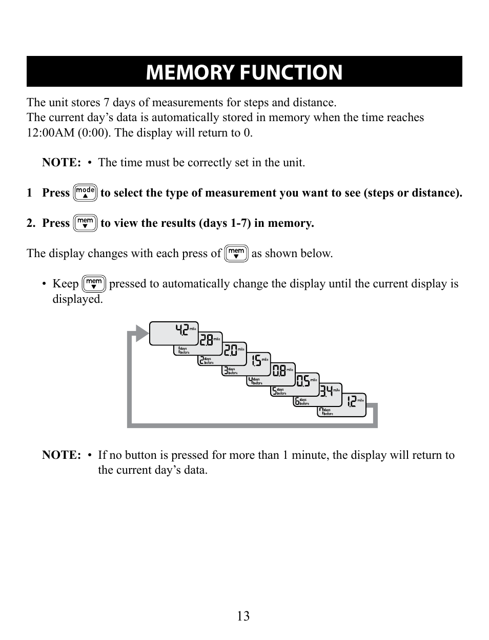 Memory function | Omron Pedometer HJ-320 User Manual | Page 13 / 22