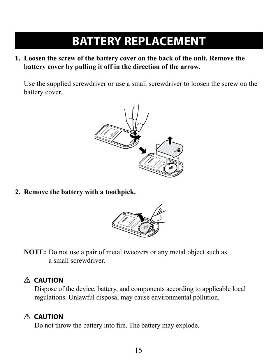Battery replacement | Omron Pedometer HJ-320 User Manual | Page 15 / 22