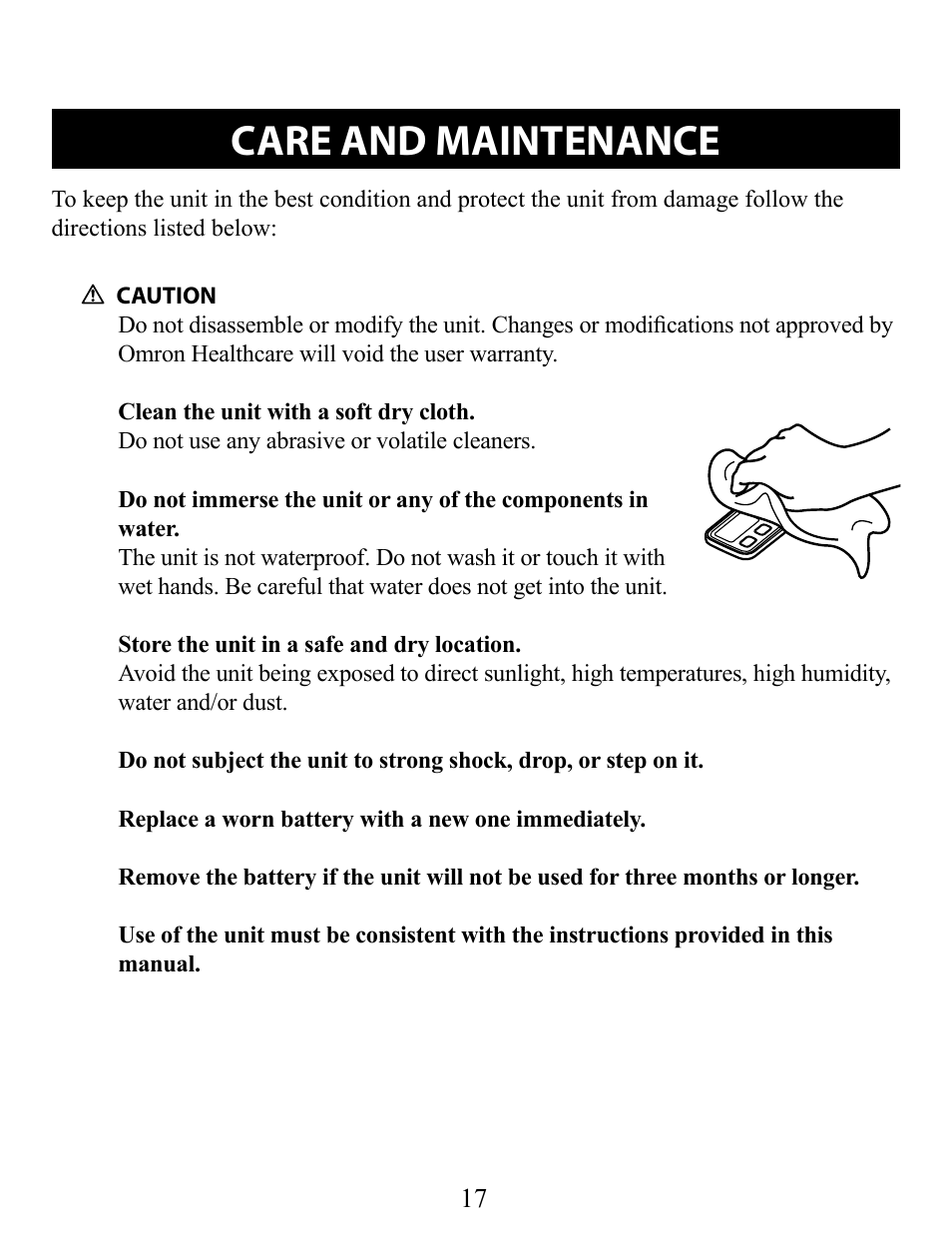 Care and maintenance | Omron Pedometer HJ-320 User Manual | Page 17 / 22