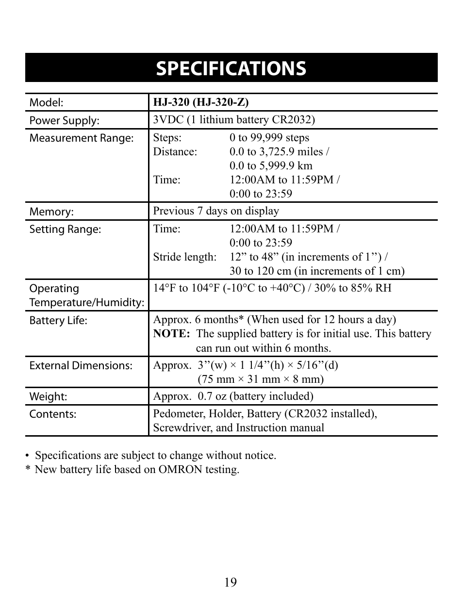 Specifications | Omron Pedometer HJ-320 User Manual | Page 19 / 22