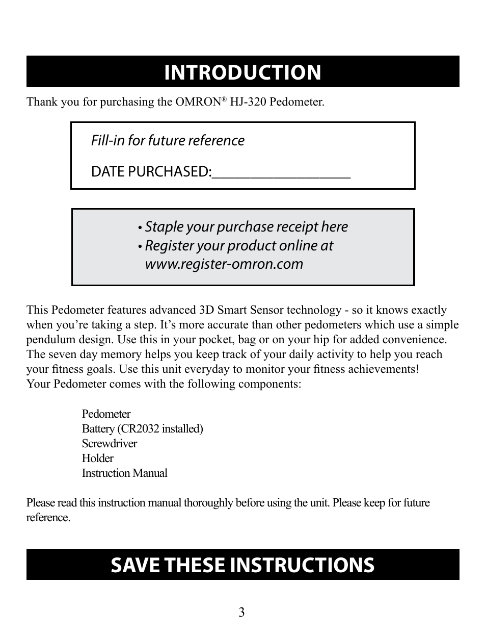 Introduction, Save these instructions | Omron Pedometer HJ-320 User Manual | Page 3 / 22
