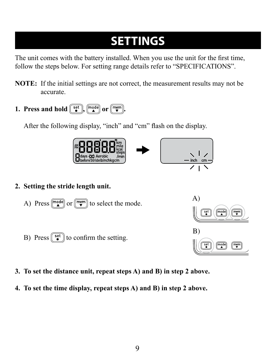 Setting, Settings | Omron Pedometer HJ-320 User Manual | Page 9 / 22