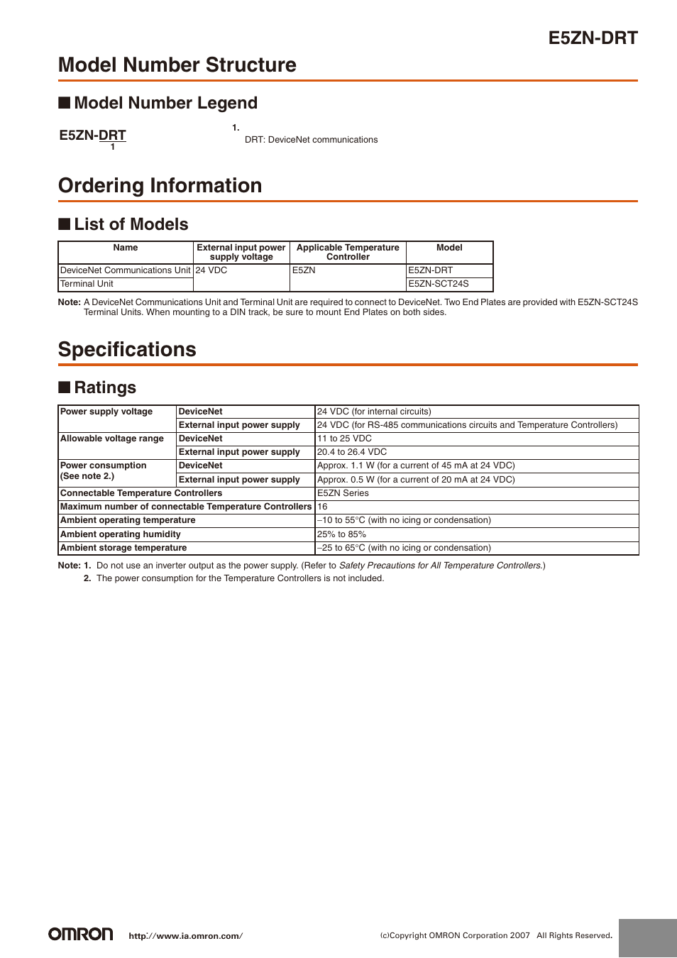 Model number structure, Ordering information, Specifications | E5zn-drt, Model number legend, List of models, Ratings | Omron DeviceNet Communications Unit E5ZN-DRT User Manual | Page 3 / 9