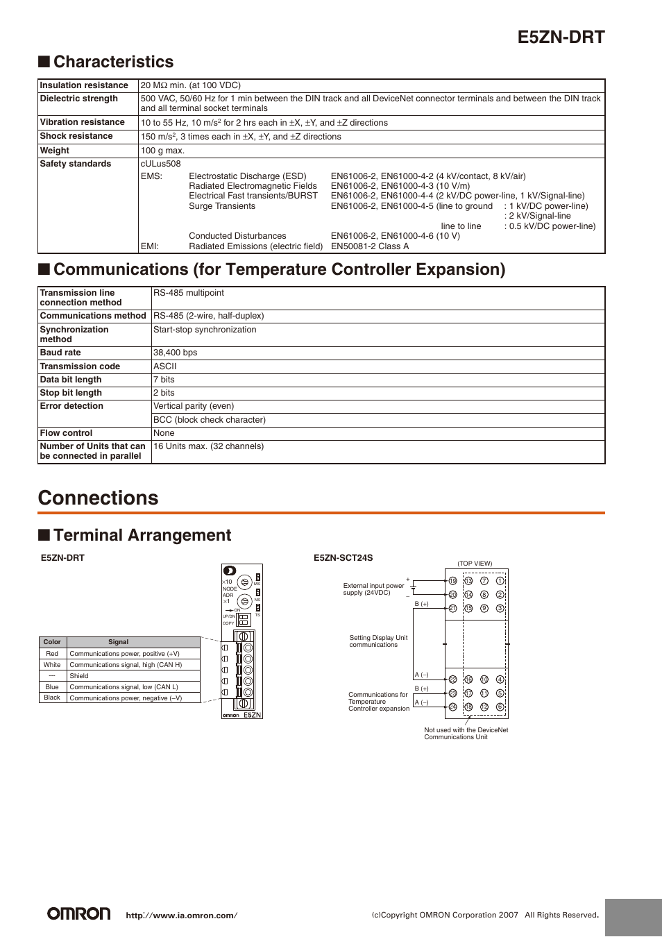 Connections, E5zn-drt, Terminal arrangement | Omron DeviceNet Communications Unit E5ZN-DRT User Manual | Page 4 / 9